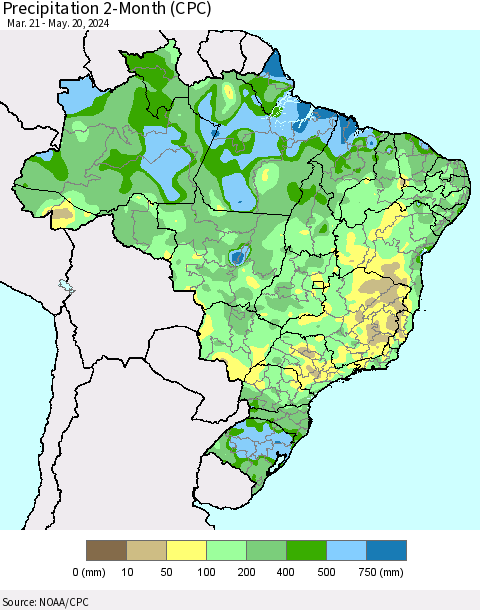 Brazil Precipitation 2-Month (CPC) Thematic Map For 3/21/2024 - 5/20/2024