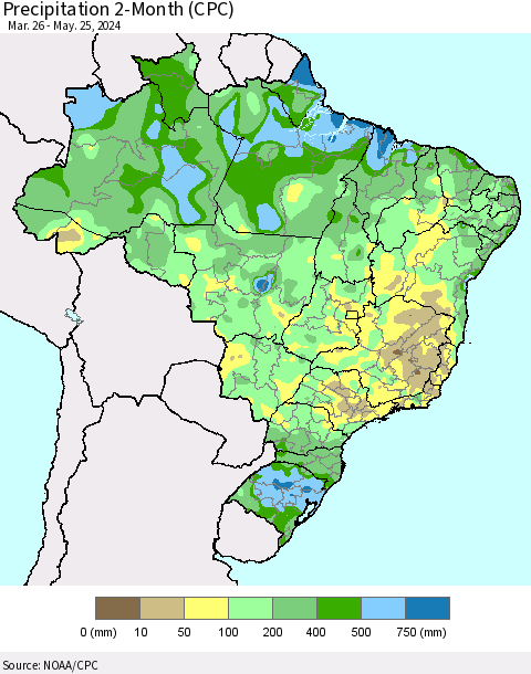 Brazil Precipitation 2-Month (CPC) Thematic Map For 3/26/2024 - 5/25/2024