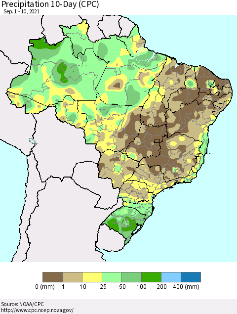 Brazil Precipitation 10-Day (CPC) Thematic Map For 9/1/2021 - 9/10/2021