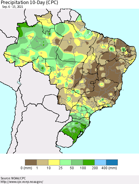 Brazil Precipitation 10-Day (CPC) Thematic Map For 9/6/2021 - 9/15/2021