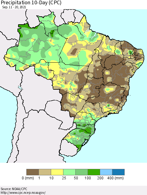 Brazil Precipitation 10-Day (CPC) Thematic Map For 9/11/2021 - 9/20/2021