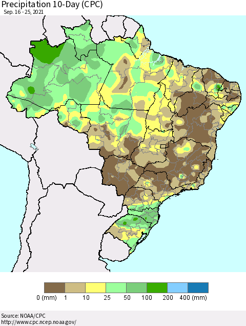 Brazil Precipitation 10-Day (CPC) Thematic Map For 9/16/2021 - 9/25/2021