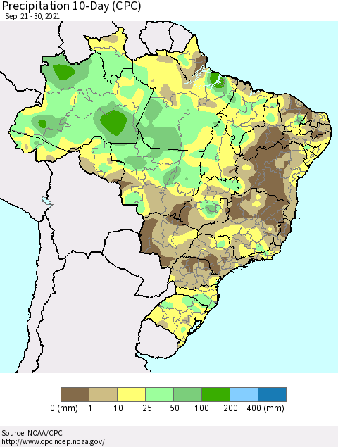 Brazil Precipitation 10-Day (CPC) Thematic Map For 9/21/2021 - 9/30/2021