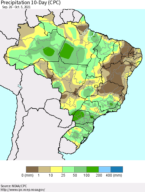 Brazil Precipitation 10-Day (CPC) Thematic Map For 9/26/2021 - 10/5/2021