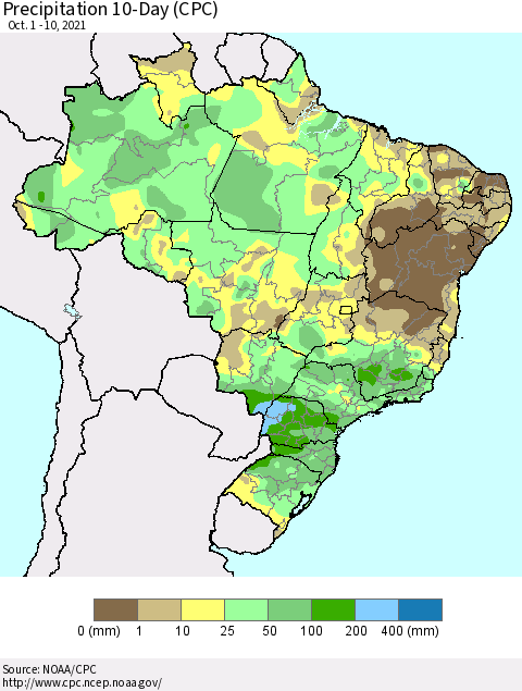 Brazil Precipitation 10-Day (CPC) Thematic Map For 10/1/2021 - 10/10/2021
