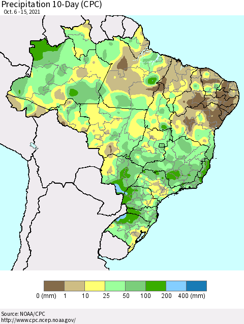 Brazil Precipitation 10-Day (CPC) Thematic Map For 10/6/2021 - 10/15/2021