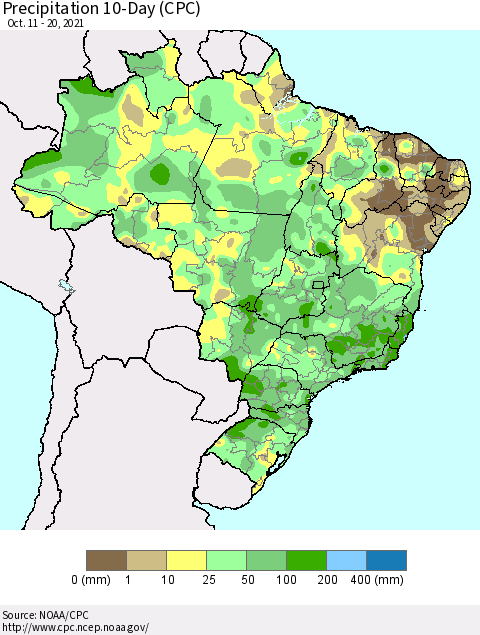 Brazil Precipitation 10-Day (CPC) Thematic Map For 10/11/2021 - 10/20/2021
