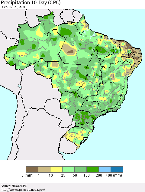 Brazil Precipitation 10-Day (CPC) Thematic Map For 10/16/2021 - 10/25/2021
