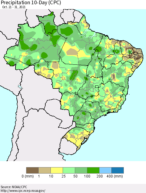 Brazil Precipitation 10-Day (CPC) Thematic Map For 10/21/2021 - 10/31/2021