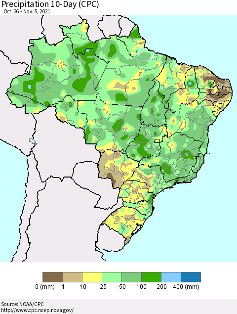 Brazil Precipitation 10-Day (CPC) Thematic Map For 10/26/2021 - 11/5/2021