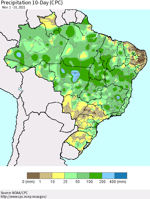 Brazil Precipitation 10-Day (CPC) Thematic Map For 11/1/2021 - 11/10/2021
