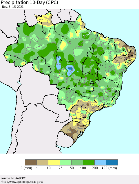 Brazil Precipitation 10-Day (CPC) Thematic Map For 11/6/2021 - 11/15/2021