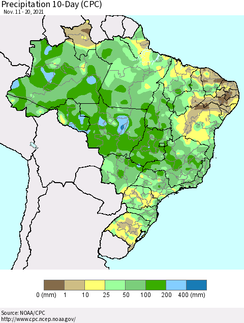 Brazil Precipitation 10-Day (CPC) Thematic Map For 11/11/2021 - 11/20/2021
