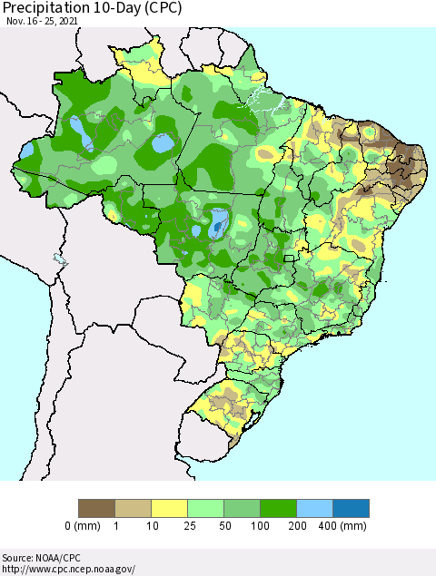 Brazil Precipitation 10-Day (CPC) Thematic Map For 11/16/2021 - 11/25/2021