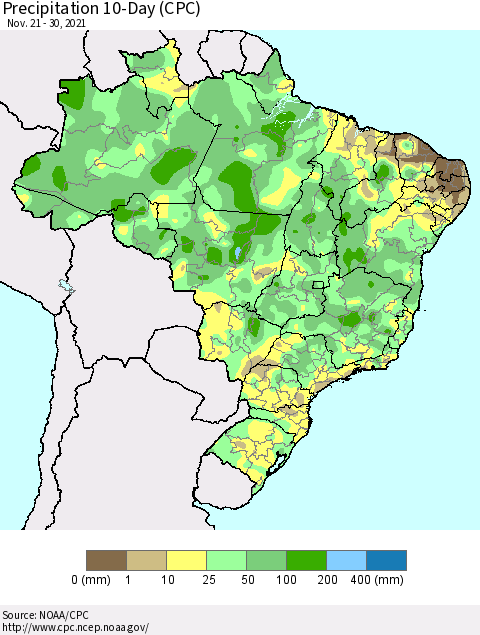 Brazil Precipitation 10-Day (CPC) Thematic Map For 11/21/2021 - 11/30/2021