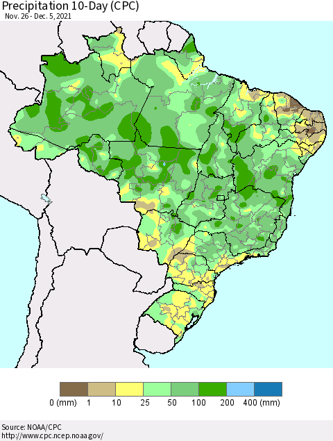 Brazil Precipitation 10-Day (CPC) Thematic Map For 11/26/2021 - 12/5/2021