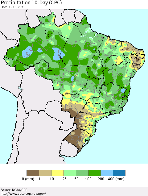 Brazil Precipitation 10-Day (CPC) Thematic Map For 12/1/2021 - 12/10/2021