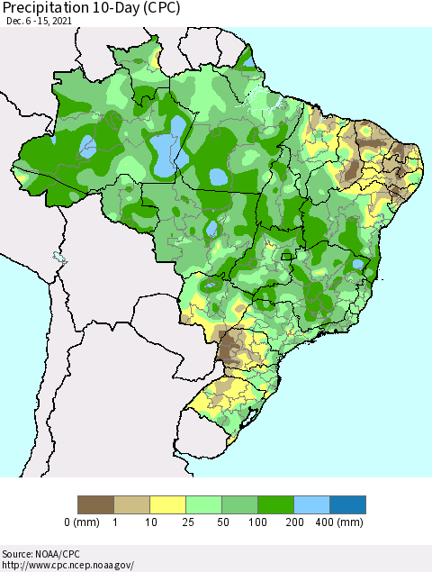 Brazil Precipitation 10-Day (CPC) Thematic Map For 12/6/2021 - 12/15/2021