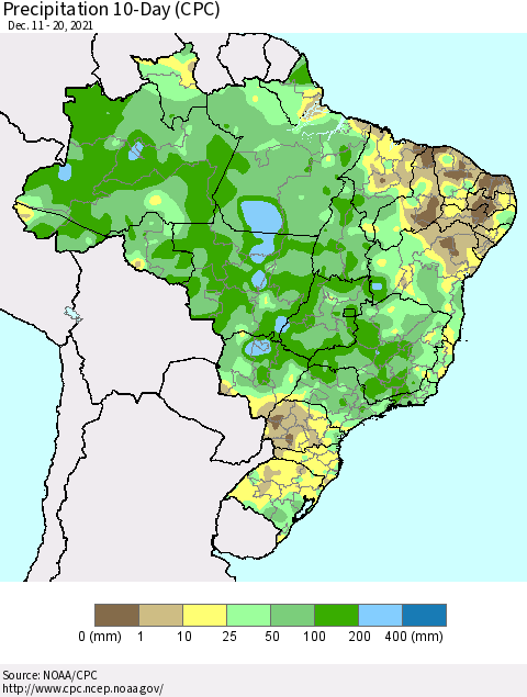 Brazil Precipitation 10-Day (CPC) Thematic Map For 12/11/2021 - 12/20/2021