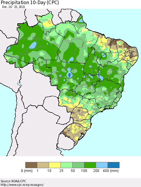 Brazil Precipitation 10-Day (CPC) Thematic Map For 12/16/2021 - 12/25/2021