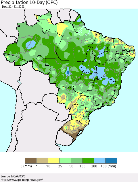 Brazil Precipitation 10-Day (CPC) Thematic Map For 12/21/2021 - 12/31/2021