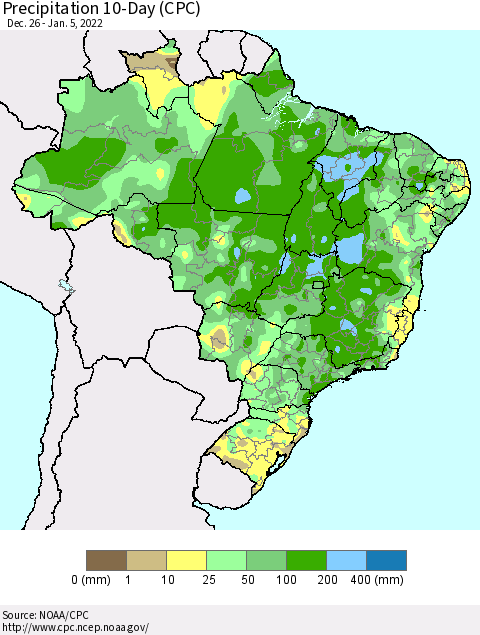 Brazil Precipitation 10-Day (CPC) Thematic Map For 12/26/2021 - 1/5/2022
