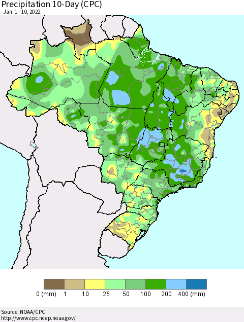 Brazil Precipitation 10-Day (CPC) Thematic Map For 1/1/2022 - 1/10/2022