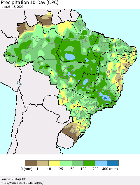 Brazil Precipitation 10-Day (CPC) Thematic Map For 1/6/2022 - 1/15/2022