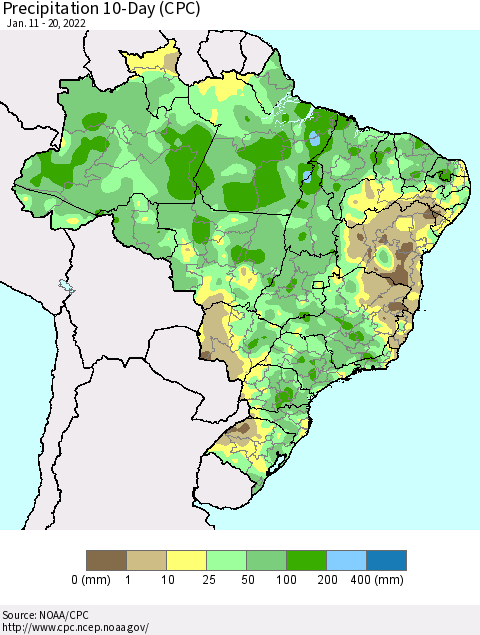 Brazil Precipitation 10-Day (CPC) Thematic Map For 1/11/2022 - 1/20/2022