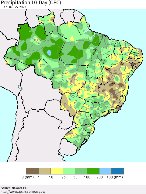 Brazil Precipitation 10-Day (CPC) Thematic Map For 1/16/2022 - 1/25/2022