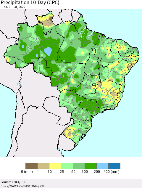 Brazil Precipitation 10-Day (CPC) Thematic Map For 1/21/2022 - 1/31/2022