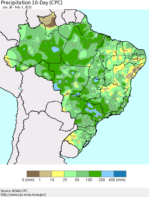Brazil Precipitation 10-Day (CPC) Thematic Map For 1/26/2022 - 2/5/2022