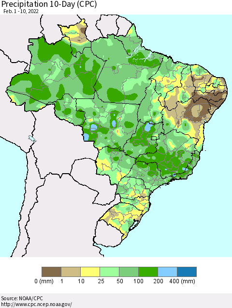 Brazil Precipitation 10-Day (CPC) Thematic Map For 2/1/2022 - 2/10/2022