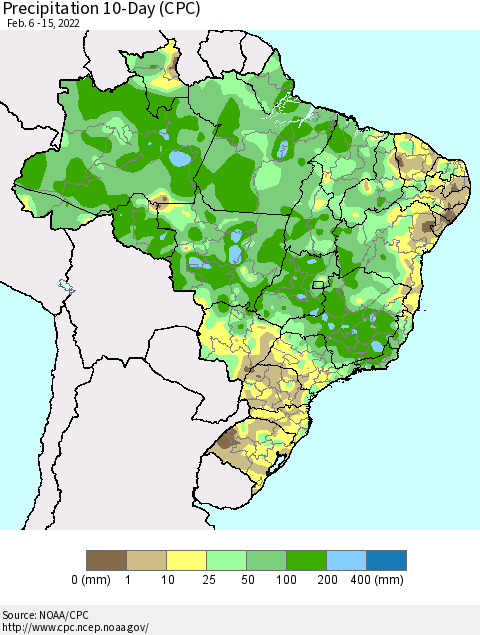 Brazil Precipitation 10-Day (CPC) Thematic Map For 2/6/2022 - 2/15/2022