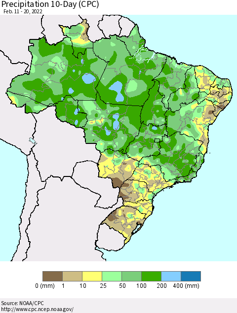 Brazil Precipitation 10-Day (CPC) Thematic Map For 2/11/2022 - 2/20/2022
