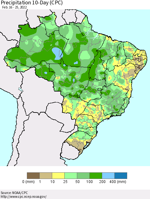 Brazil Precipitation 10-Day (CPC) Thematic Map For 2/16/2022 - 2/25/2022