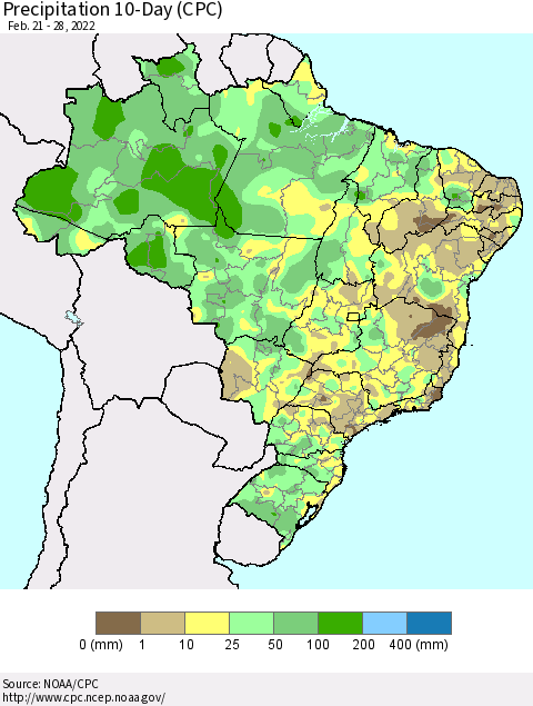 Brazil Precipitation 10-Day (CPC) Thematic Map For 2/21/2022 - 2/28/2022