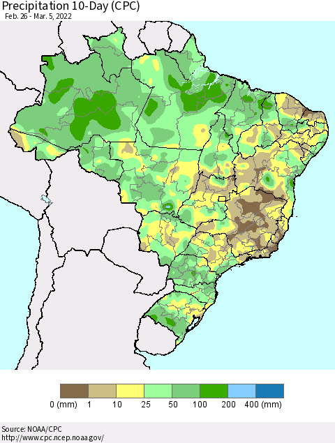 Brazil Precipitation 10-Day (CPC) Thematic Map For 2/26/2022 - 3/5/2022