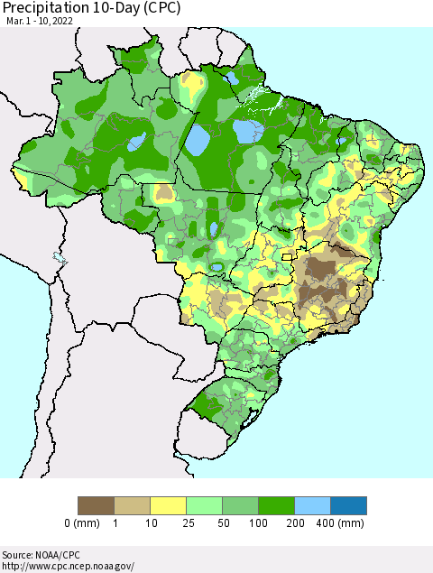 Brazil Precipitation 10-Day (CPC) Thematic Map For 3/1/2022 - 3/10/2022