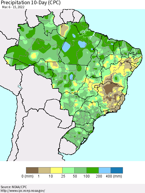 Brazil Precipitation 10-Day (CPC) Thematic Map For 3/6/2022 - 3/15/2022