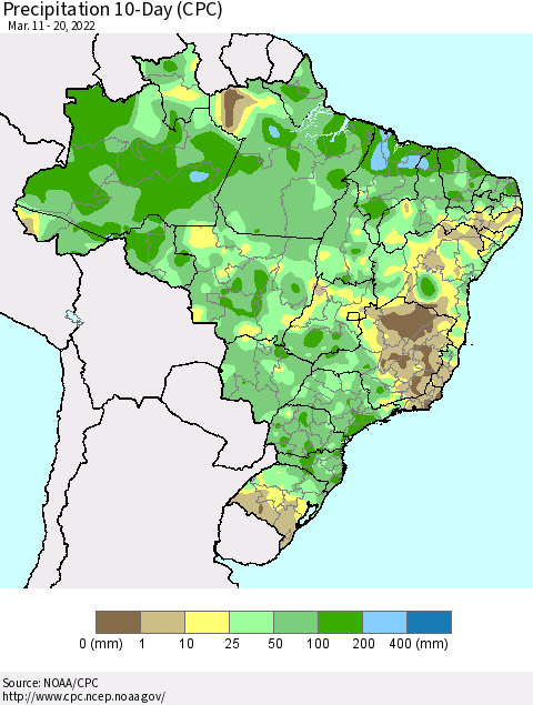 Brazil Precipitation 10-Day (CPC) Thematic Map For 3/11/2022 - 3/20/2022