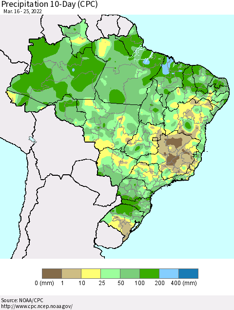 Brazil Precipitation 10-Day (CPC) Thematic Map For 3/16/2022 - 3/25/2022