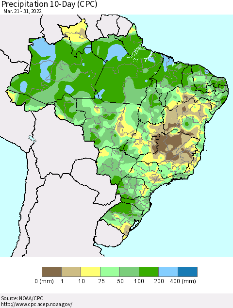 Brazil Precipitation 10-Day (CPC) Thematic Map For 3/21/2022 - 3/31/2022