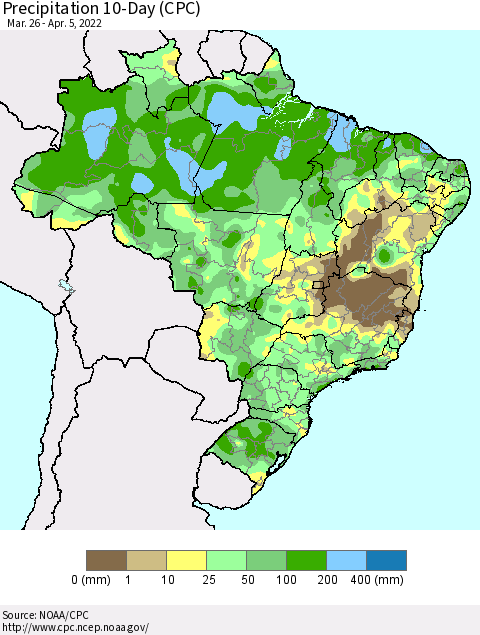 Brazil Precipitation 10-Day (CPC) Thematic Map For 3/26/2022 - 4/5/2022