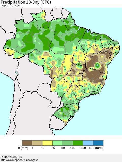 Brazil Precipitation 10-Day (CPC) Thematic Map For 4/1/2022 - 4/10/2022