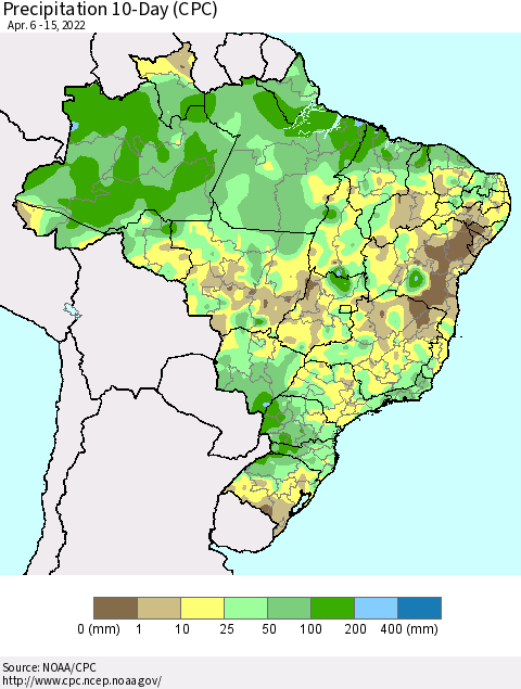 Brazil Precipitation 10-Day (CPC) Thematic Map For 4/6/2022 - 4/15/2022