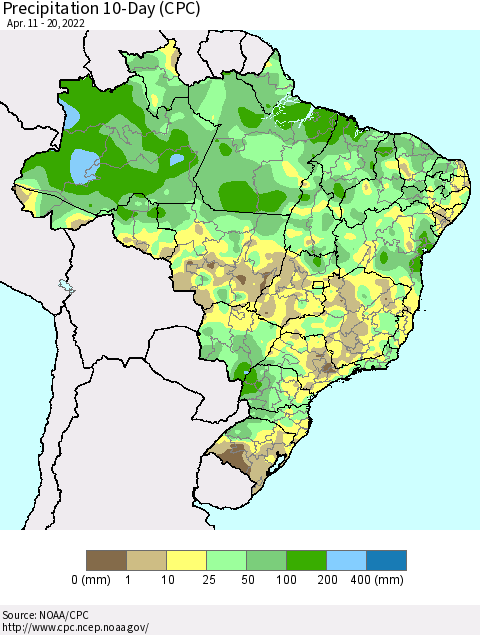 Brazil Precipitation 10-Day (CPC) Thematic Map For 4/11/2022 - 4/20/2022