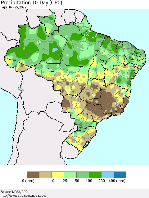 Brazil Precipitation 10-Day (CPC) Thematic Map For 4/16/2022 - 4/25/2022