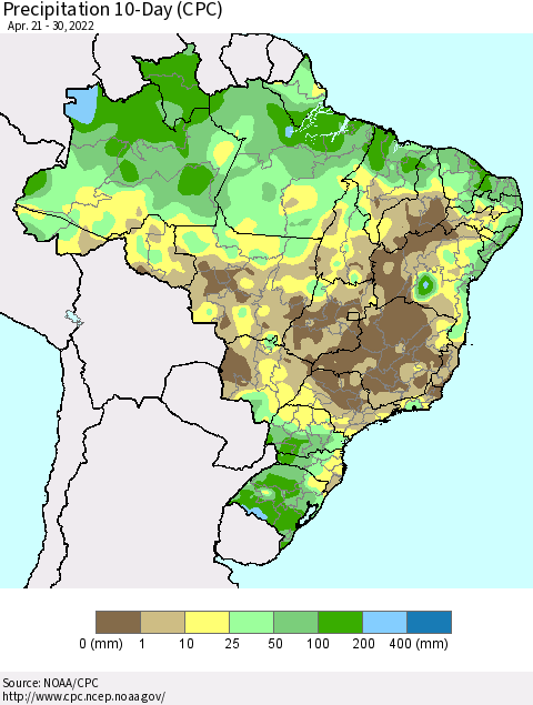 Brazil Precipitation 10-Day (CPC) Thematic Map For 4/21/2022 - 4/30/2022