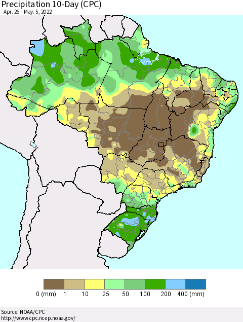 Brazil Precipitation 10-Day (CPC) Thematic Map For 4/26/2022 - 5/5/2022
